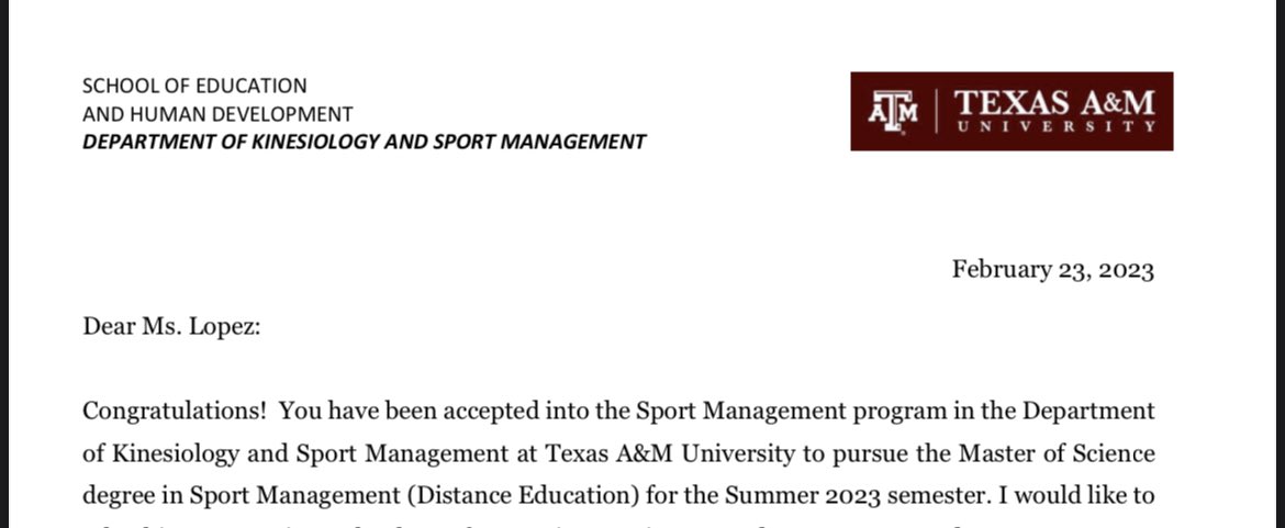 So excited to announce that I will be continuing my education and pursuing a masters degree in Sports Management at Texas A&amp;M! Thank you to all who helped me in the process!
