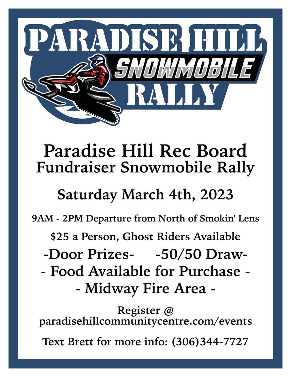 Follow the link to pre register and purchase your 50/50 in advance. 

Proceeds from the rally benefit the many non profit organizations in our community. 

<a href="/HeatherKlages/">Heather Klages</a> @RealCountry959 <a href="/Priceyfm/">Kurt Price</a> <a href="/reidandwrightad/">Reid & Wright Advertising</a>  <a href="/MeridianSource/">Meridian Source</a> 

paradisehillcommunitycentre.com/snowmobile-ral…