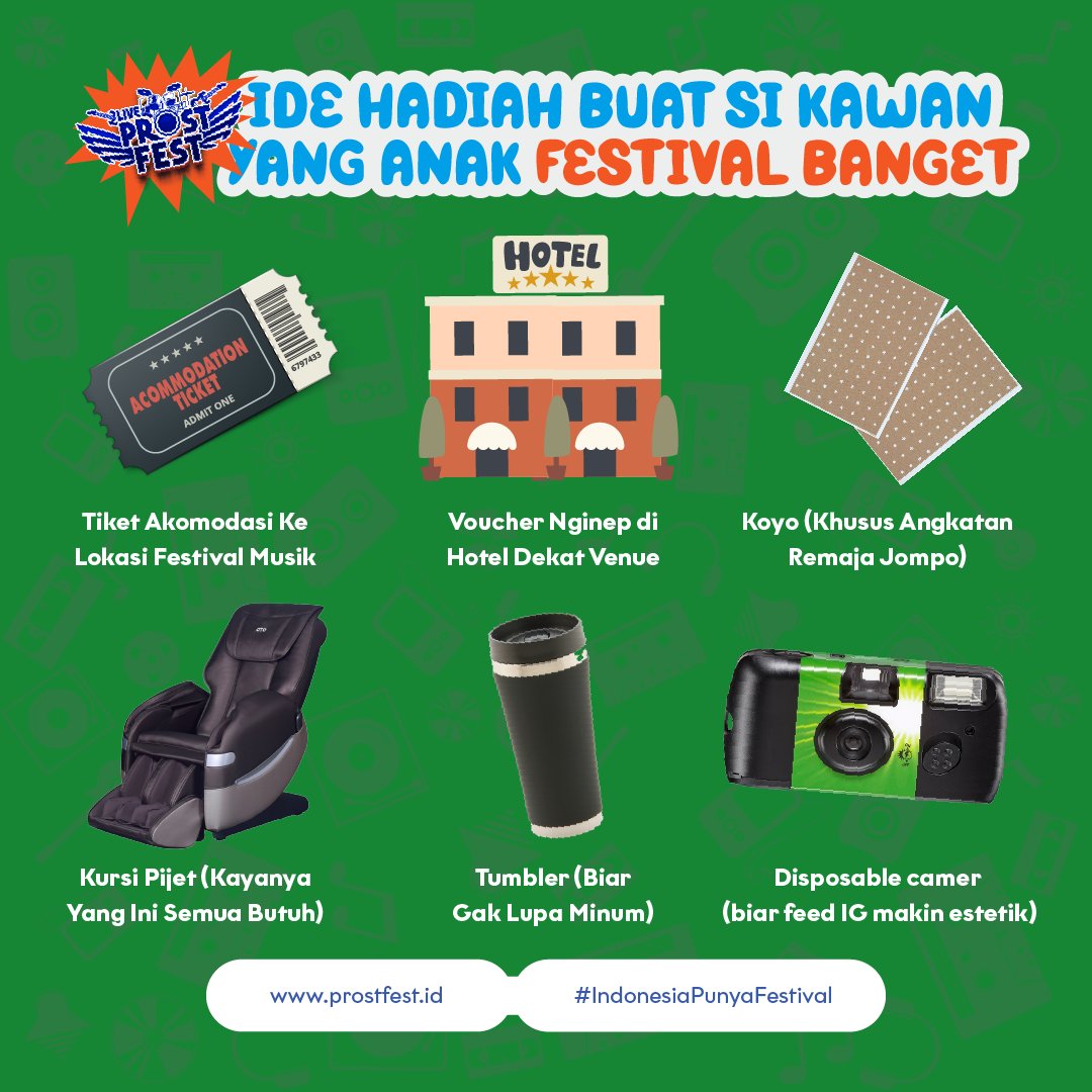 Nih, Prost Fest kasih beberapa ide hadiah buat si festival goers… siapa tau bisa lo kabulin untuk orang terdekat! Coba reply ide hadiah versi lo!

#ProstFest
#IndonesiaPunyaFestival
#IndonesiaPunyaMusik
#IndonesiaPunyaRasa
#IndonesiaPunyaKarya