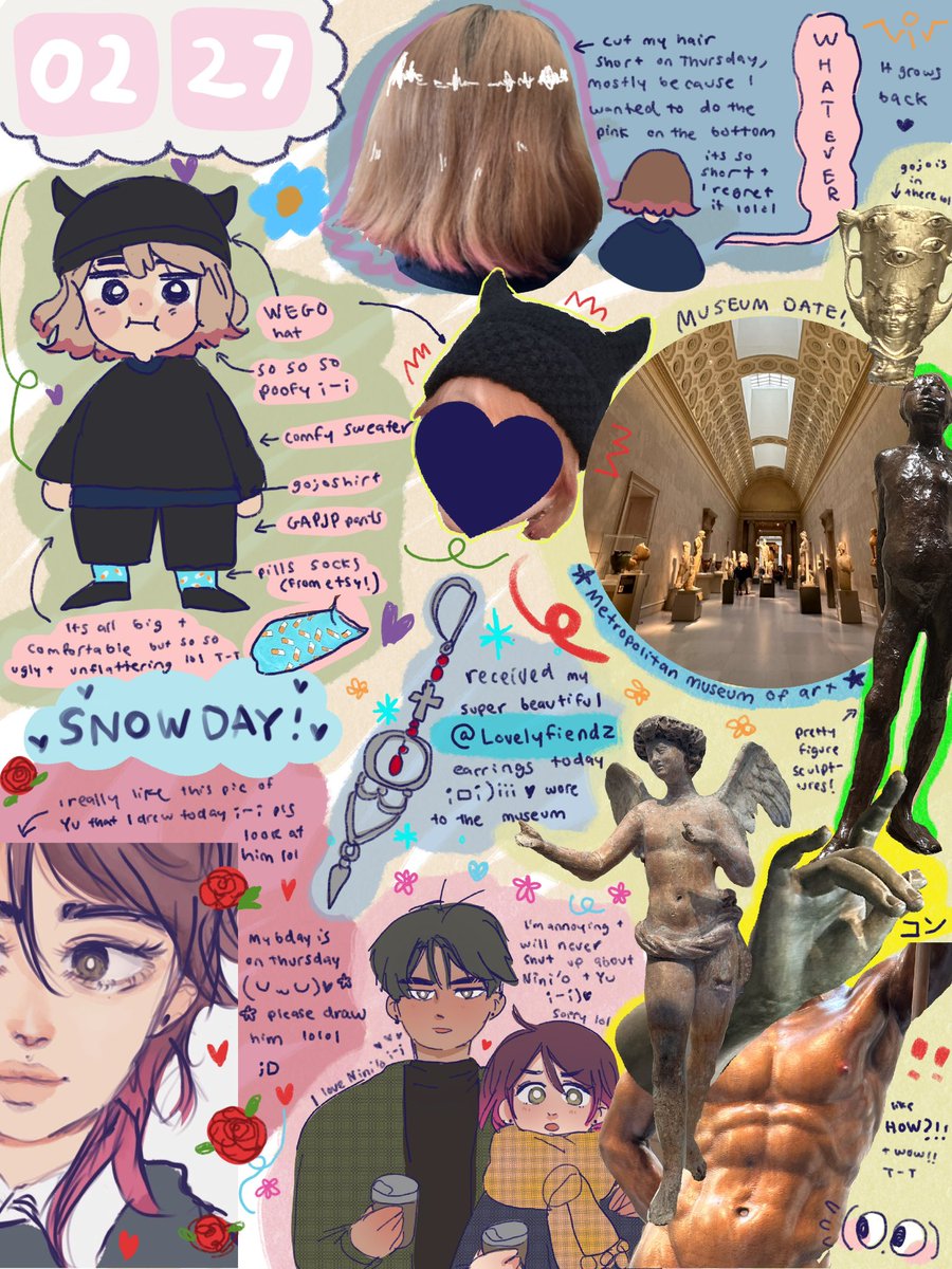 bogoshippeun's tweet photo. Did my #doodlediary today!!!! :)) my hair is so washed out ;0; I don’t want to do my old hair color bc Miki &amp; Eriya worked really hard on it 🥺 
We went to the metropolitan museum of art today! I also got my @lovelyfiendz earrings &amp; as usual thought about Niniyu 😅 https://t.co/f5FJIeFbYI