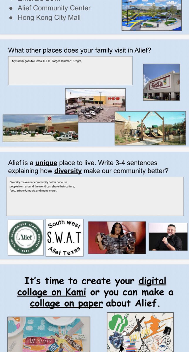 Mrs_Hall02's tweet photo. For #ReesDigiDay my @ReesStars researched their community, past and present. We used Google Slides on the Kami App to gather and record information, then created an artistic expression of what makes @AliefISD so #aliefproud! @Alief_SS @MireyaFromTX https://t.co/A008i8avoD