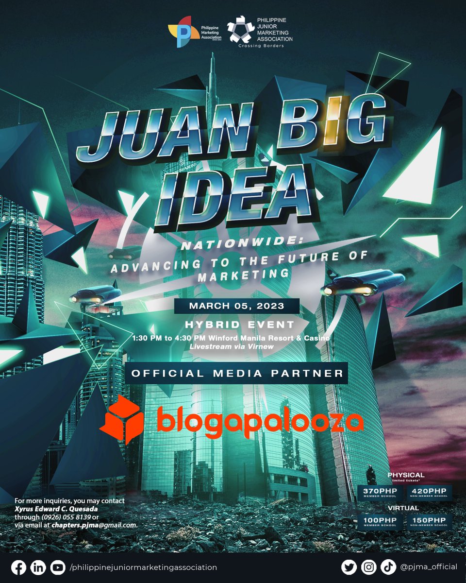 blogapalooza's tweet photo. Juan Big Idea Nationwide: Advancing to the Future of Marketing will happen on March 5, 2023, from 1:30 PM to 4:30 PM at the Winford Manila Resort and Casino, and will be broadcasted live and exclusively via Virnew Virtual Platform.
#GlimpseofTheFuture #JuanBigIdeaNationwide https://t.co/Cl5WgbTlqW