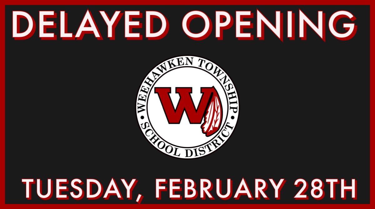 Weehawken Schools (@weehawkentsd) on Twitter photo Delayed opening - Tuesday, 2/28. Staff 9:45 - students 9:50. Bell & bus schedules: tinyurl.com/delay22823 <a href="/EricCrespoEDU/">Eric Crespo</a> <a href="/FAmato53/">Francesca Amato</a> <a href="/al_orecchio/">Al Orecchio</a> <a href="/RobFerullo4/">Robert Ferullo</a> <a href="/SuzanneMera/">Mrs. Mera</a> <a href="/McginleyIsabel/">Isabel McGinley</a> <a href="/StefanieCirill1/">Stefanie Cirillo</a> @WTSDGuidance53 <a href="/DeStefanoEDU/">Dr. Nicholas J. DeStefano</a> <a href="/MrsCullinane/">Jacqueline Cullinane</a> <a href="/bcalligy/">Brian Calligy</a> <a href="/BriannaReganEDU/">Brianna Regan</a> Delayed opening - Tuesday, 2/28. Staff 9:45 - students 9:50. Bell & bus schedules: tinyurl.com/delay22823 <a href="/EricCrespoEDU/">Eric Crespo</a> <a href="/FAmato53/">Francesca Amato</a> <a href="/al_orecchio/">Al Orecchio</a> <a href="/RobFerullo4/">Robert Ferullo</a> <a href="/SuzanneMera/">Mrs. Mera</a> <a href="/McginleyIsabel/">Isabel McGinley</a> <a href="/StefanieCirill1/">Stefanie Cirillo</a> @WTSDGuidance53 <a href="/DeStefanoEDU/">Dr. Nicholas J. DeStefano</a> <a href="/MrsCullinane/">Jacqueline Cullinane</a> <a href="/bcalligy/">Brian Calligy</a> <a href="/BriannaReganEDU/">Brianna Regan</a>