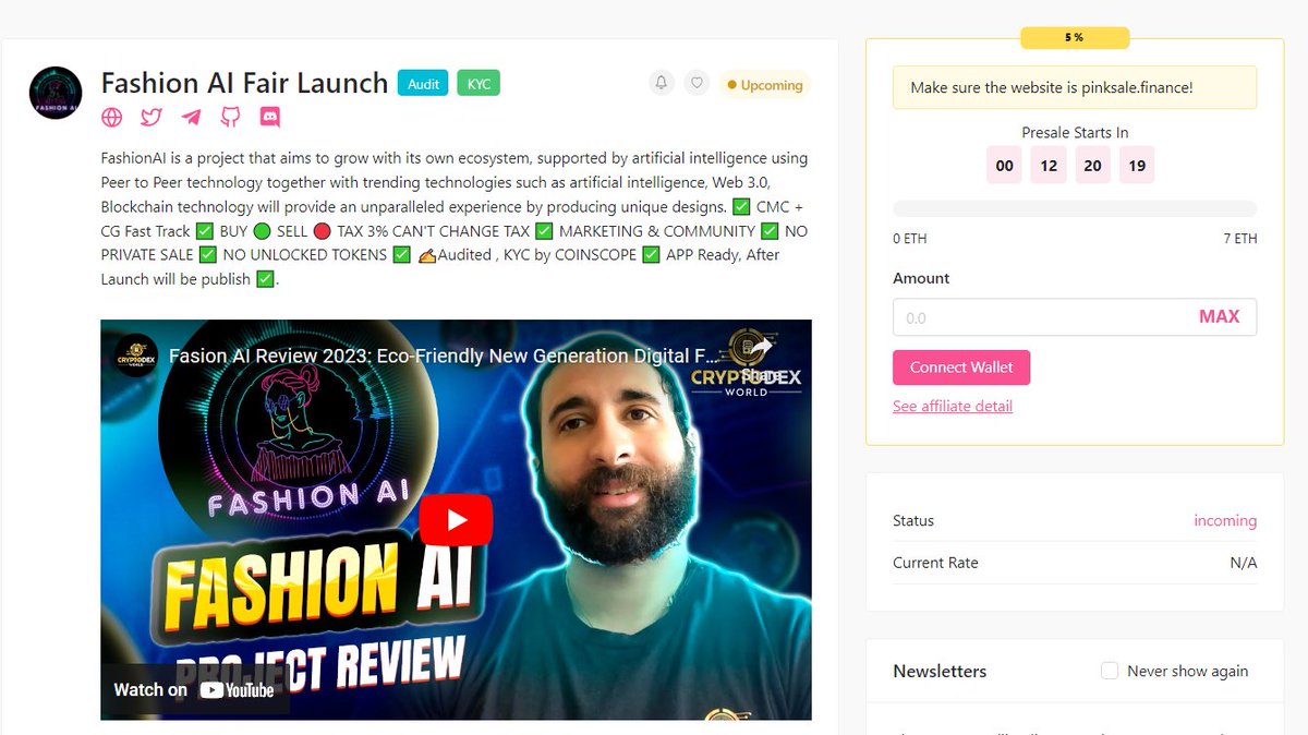 🚀 12 HOURS THE START OF FASHION-AI #FAIRLAUNCH ON PINKSALE 🌸

🎯 Fair launch link here: pinksale.finance/launchpad/0xF9…

🔹 Do not forget to participate our Affiliate Contest which is happening right here: 
👉Join here and kindly go through the pinned post: t.me/fashion_ai_ref