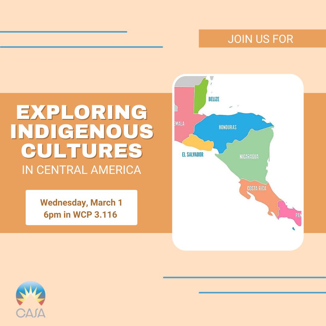 casautexas's tweet photo. Hola familia! We hope your week started off strong.🤘Join us this Wednesday to learn more about Indigenous Cultures in Central America. 🇭🇳🇧🇿🇸🇻🇳🇮🇨🇷🇵🇦🇬🇹 https://t.co/EKiGcaNj62