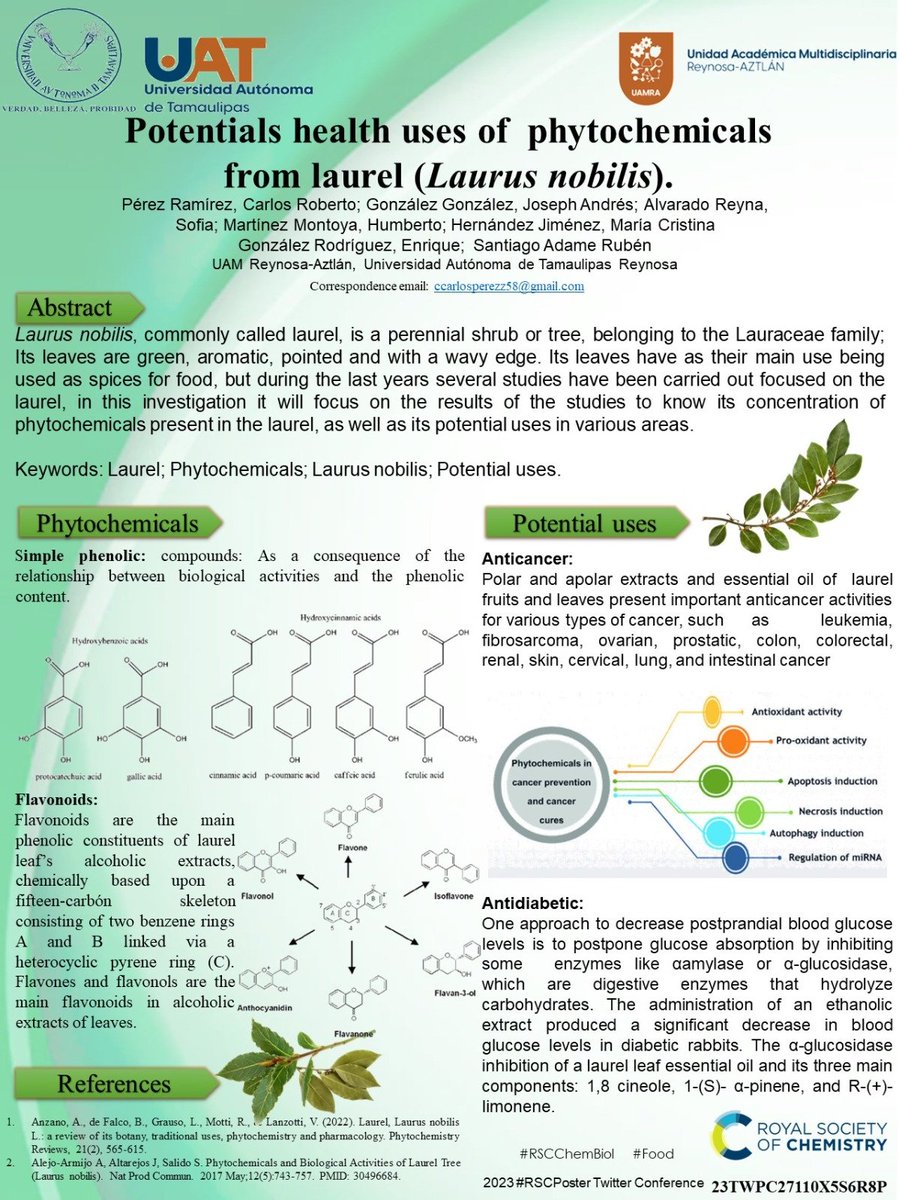 CarlosRPrez3's tweet photo. Hi everyone! I'm Carlos Pérez From Reynosa, México. This Is My #RSCPoster Potentials uses of  phytochemicals 
from laurel (Laurus nobilis). #Analitycal  #RSC #2023 #UAT #UAMRA # AquíComienzaTodo #ChemicalBiology https://t.co/gZAEkW3WAz