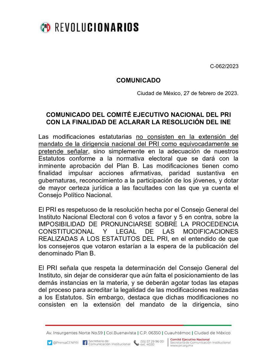 PRI_Nacional's tweet photo. #Comunicado del Comité Ejecutivo Nacional del PRI con la finalidad de aclarar la resolución del @INEMexico sobre las adecuaciones a nuestros Estatutos. https://t.co/acVjFhA2Sz