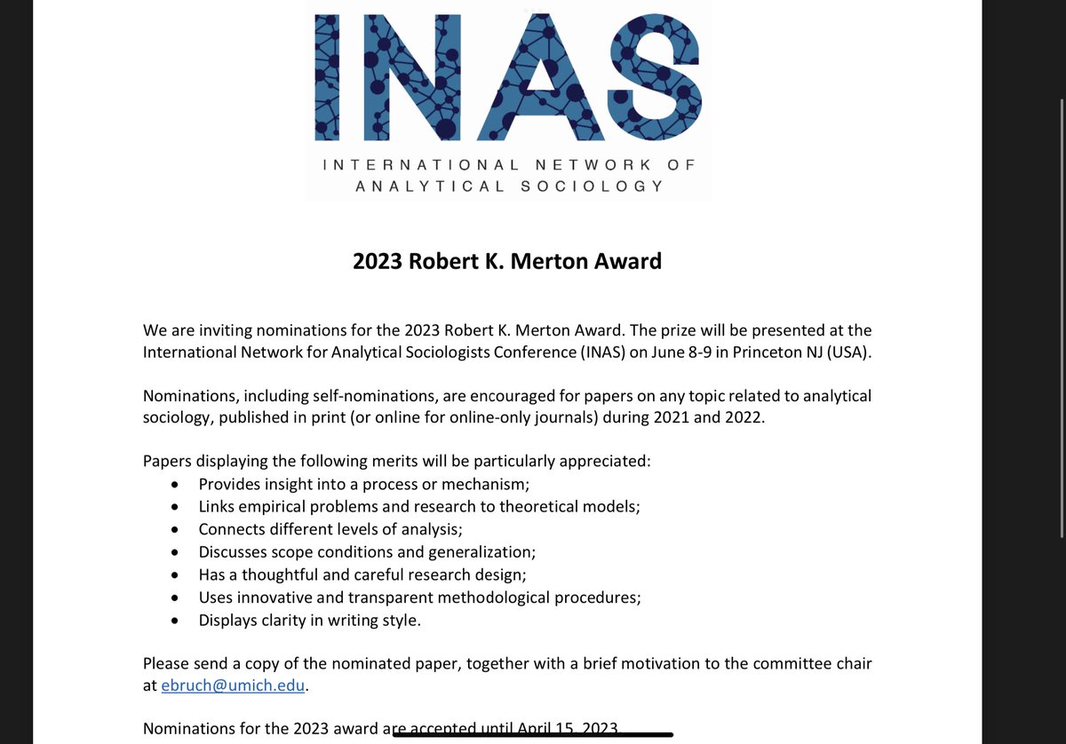 Nominations for the Merton Award for best analytical sociology paper are open until April 15. “Nominations, including self-nominations, are encouraged for papers on any topic related to analytical sociology, published … during 2021 and 2022”