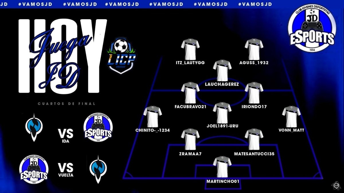 JDeSports_'s tweet photo. Estos son los 11 elegidos por @Lauchagerez para esta noche. Partido chivo contra el que salió primero de la etapa regular de la otra zona.

🗓 Cuartos de Final
🆚 Niveys eSports
⏰ 00:00 y 00:30 https://t.co/ig4zYHrA5J
