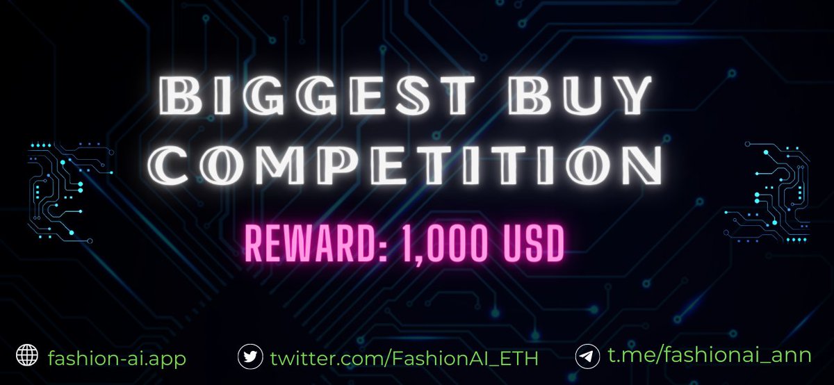 🤩🤩🤩 BIGGEST BUY COMPETITION 🤩🤩🤩
 1st- 500$ 
 2nd-300$ 
 3nd-200$ 
‼️ Requirement: Minimum purchase of 0.5 ETH 💠
👉End time: 2023.03.02 15:00 (UTC)

✅ Let's prepare the bag and grab as many $FAI as possible!

🌸 Presale Link: pinksale.finance/launchpad/0xf9…
 #FashionAI #presale