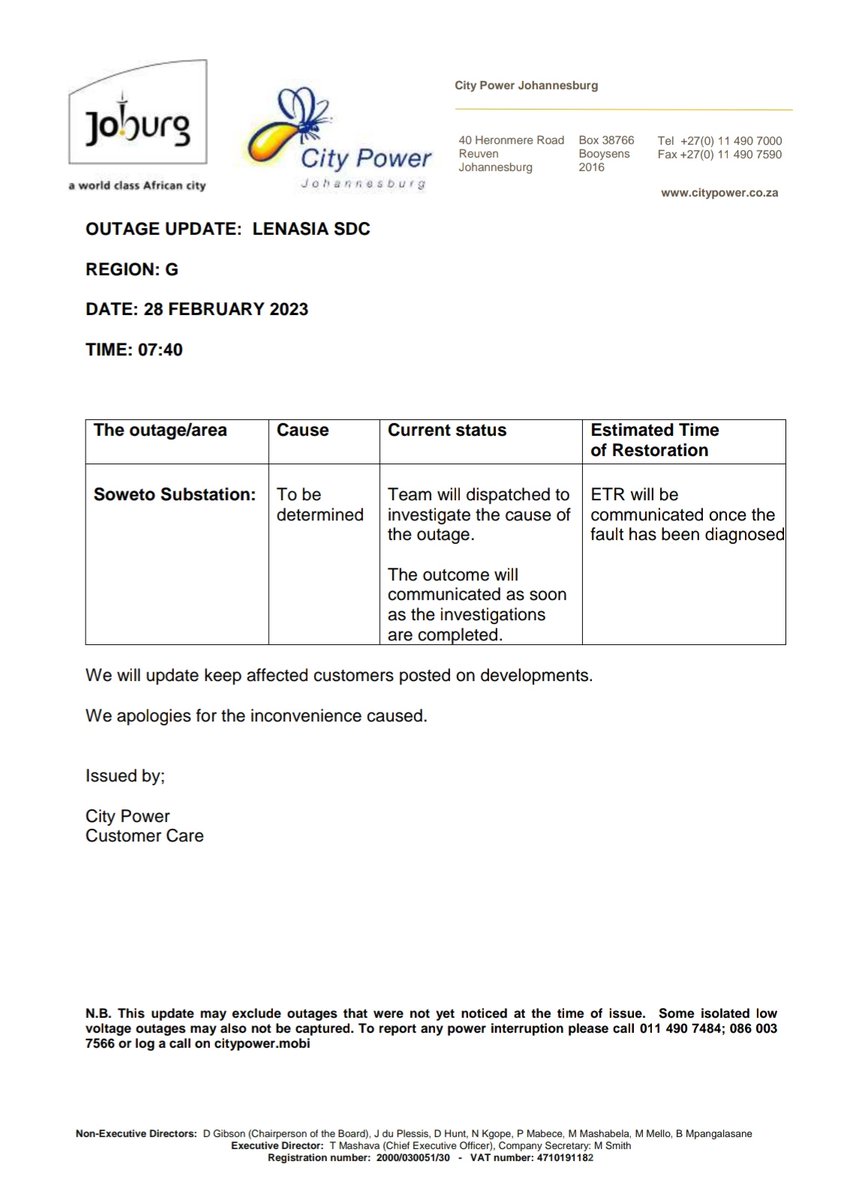 CityPowerJhb's tweet photo. #Update
#LenasiaOutage
#SowetoSub
Technicians are dispatched to investigate ^HN https://t.co/Oxgnvj1ILU