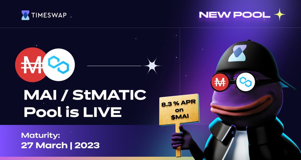 TimeswapLabs's tweet photo. GM

New week - New Pool

8% APR on $MAI 🤑

$MAI-$StMatic with 1 month duration expiring on March 27th

Expiry coinciding with the launch of zkEVM @0xPolygon

@TimeswapLabs <> @QiDaoProtocol <> @LidoFinance

LFG https://t.co/HQwVgHL0z0