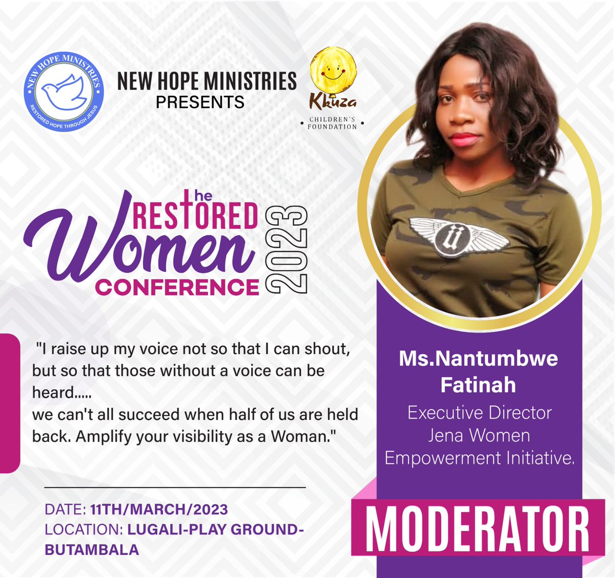 Join Our Executive Director, <a href="/fattyfasha/">Fatinah Nantumbwe</a> at The Restored Women Conference organised by New Hope Ministries and <a href="/KkuzaF/">Kkuza Children's Foundation</a>