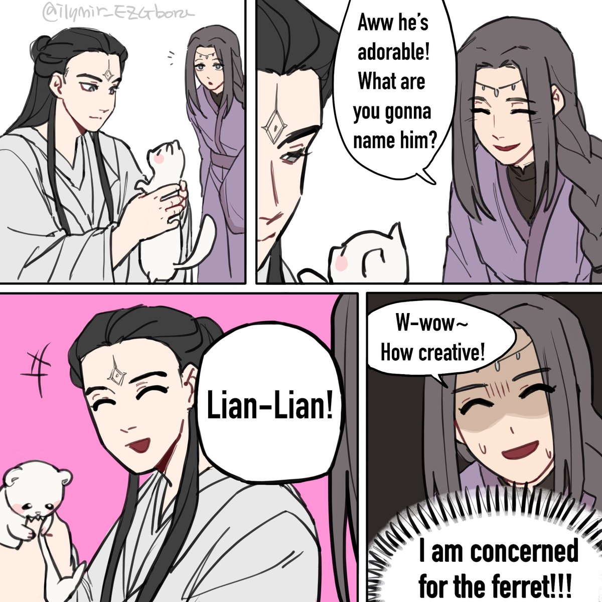 Post-ending?) 
Junwu gets a ferret for his retirement 

#tgcf #天官赐福 #HeavenOfficialsBlessing #junwu #meininqing #junmei #xielian 