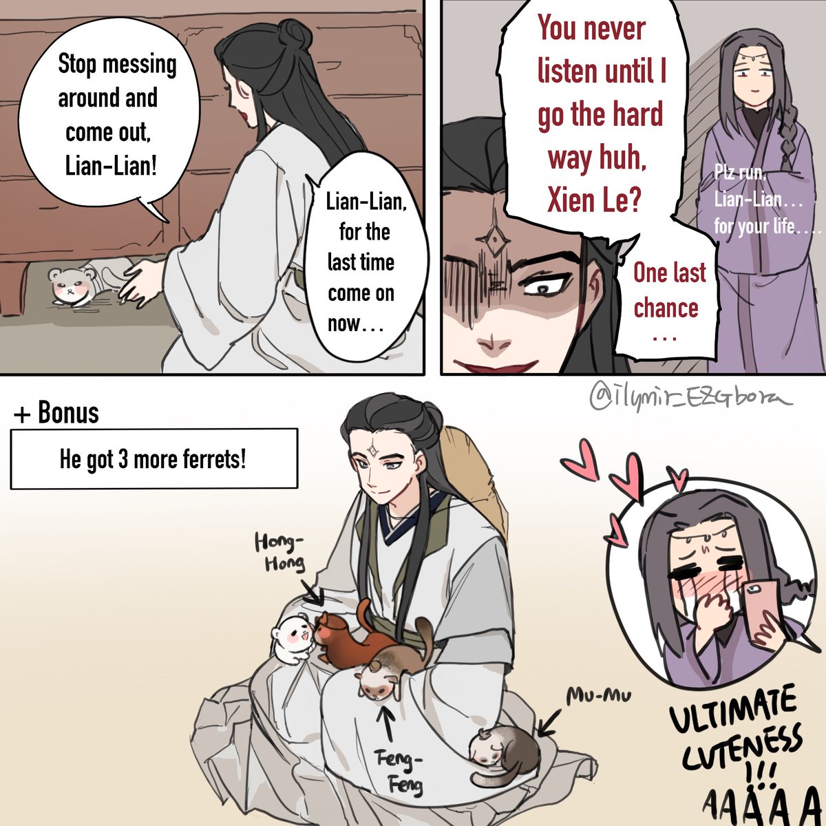 Post-ending?) 
Junwu gets a ferret for his retirement 

#tgcf #天官赐福 #HeavenOfficialsBlessing #junwu #meininqing #junmei #xielian 