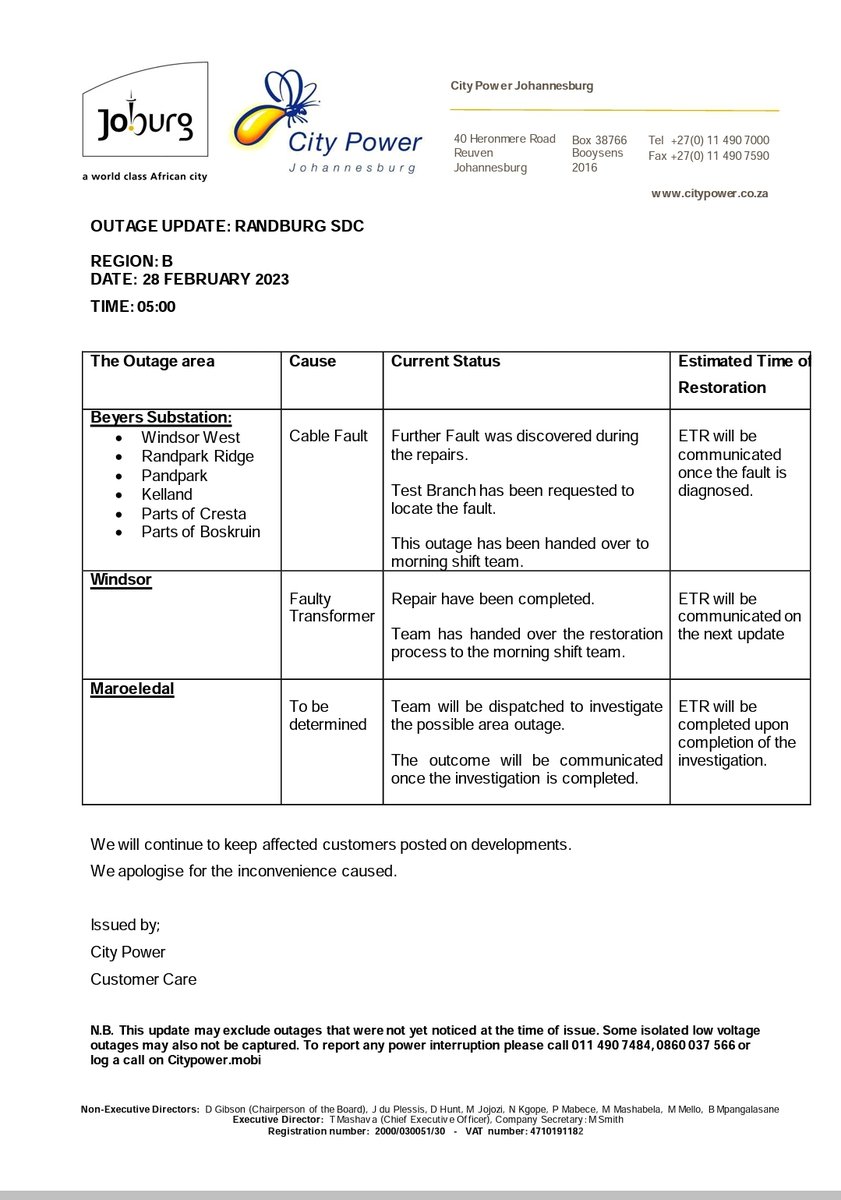 CityPowerJhb's tweet image. #RandburgOutage #JoburgUpdates 

Team will be dispatched to investigate in #Block10 and surroundings .^MM