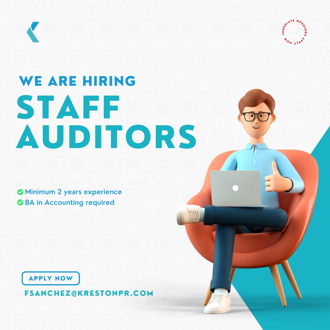 Our firm is looking for you! 🔍 

✅ We are building a team of dedicated professionals who are interested in growing with us long-term. 

We are recruiting #auditors for #immediatehiring, if you are interested send your CV or refer a friend. ⤵️

📧 fsanchez@krestonpr.com