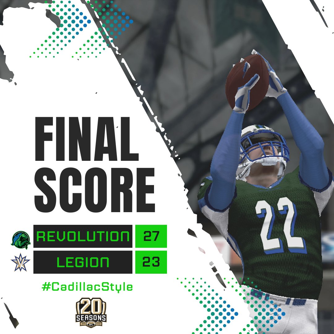 📣REVS WIN📣

The Revs win a nail biter at home and improve to 4-2 on the season as the defeat the <a href="/VancouverLegion/">Vancouver Legion</a> in <a href="/StackUpDotOrg/">Stack Up</a> Stadium. #CadillacStyle #RevUp #LouisianaProud <a href="/simulationfl/">Simulation Football League</a>