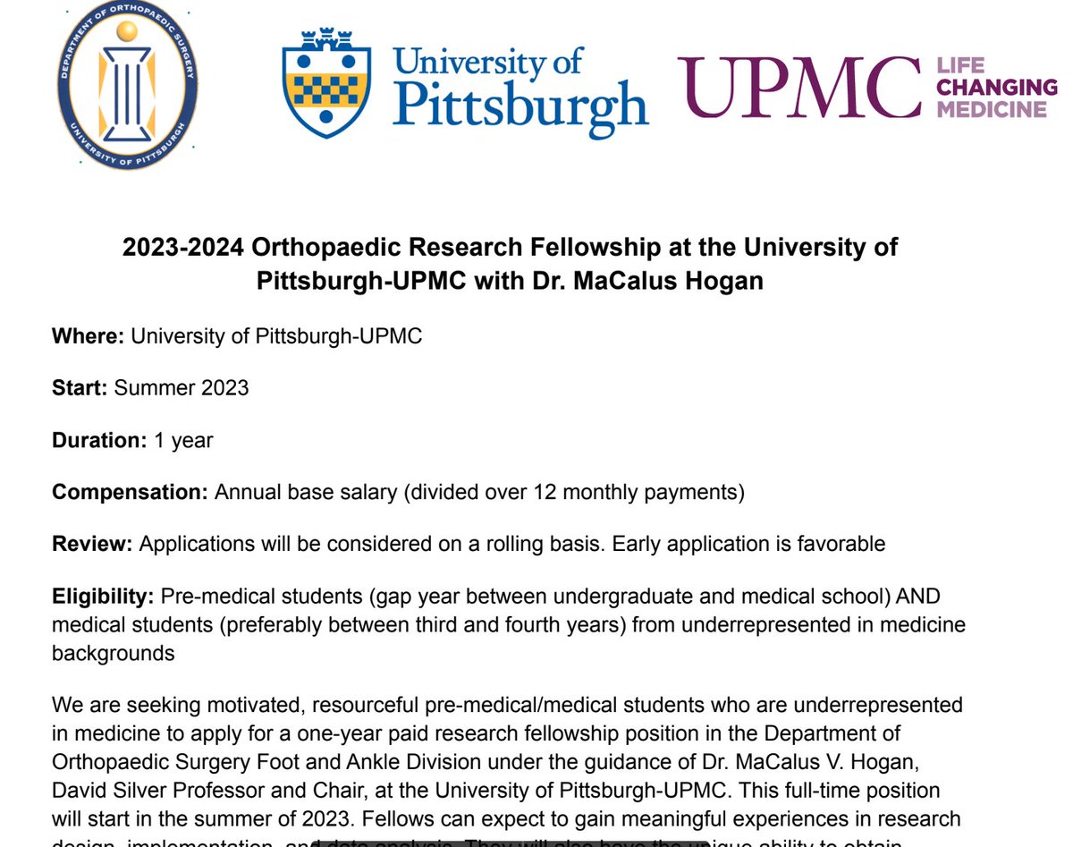 Inside_TheMatch's tweet photo. 2023-2024 Orthopaedic Research Fellowship at the University of Pittsburgh-UPMC with Dr. MaCalus Hogan
Start: Summer 2023
Duration: 1 year
Info: https://t.co/8GCw0c6Hwm
H/T: @beth_lizza 
#InsideTheMatch #OrthoTwitter #MedStudents https://t.co/qzPxs43pNR