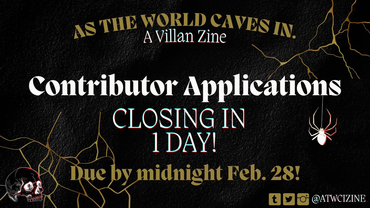 ATWCIZine's tweet photo. 🍷As The World Caves In: A Villain Zine🍷

The time to join the As The World Caves In: A Villain Zine has started! Our contributer applications close TONIGHT!

#Transformers #zine #villains #contributer_apps https://t.co/XSjTXRd59q