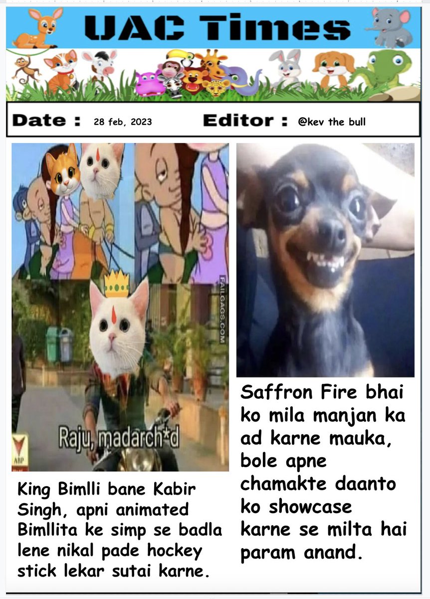 uac_times's tweet photo. आज की mind blowing समाचार!
President: @Croco_indic
Emditor: @ilikesnow00
Chor Reporters: @King_Dogxxter @i_am_BilliAm_ @rajneta_hamthi @__Saffron_Fire_ @MLADogesh @mini_tiwari_ @Aamani_03
#UACTimes ❤️🙏 https://t.co/QQgEfGWU81