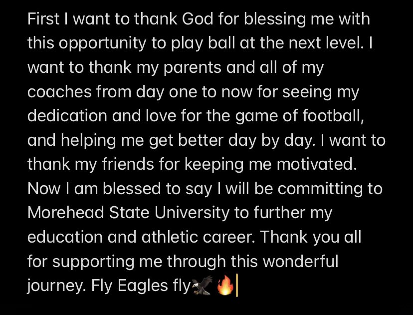 BiG_GRIZZ04's tweet photo. 100% committed!!! Blessed and humbled. Let’s go!!!! @IMGAFootball @RobTenyerMSU @CoachStrobel @CoachSoucy99 @Coach_Bru50 @MSUEaglesFB @moreheadstate @CoachKyleBrey @CoachPondIMG @2TraysBigNate #SoarHigher https://t.co/NseocKl37i