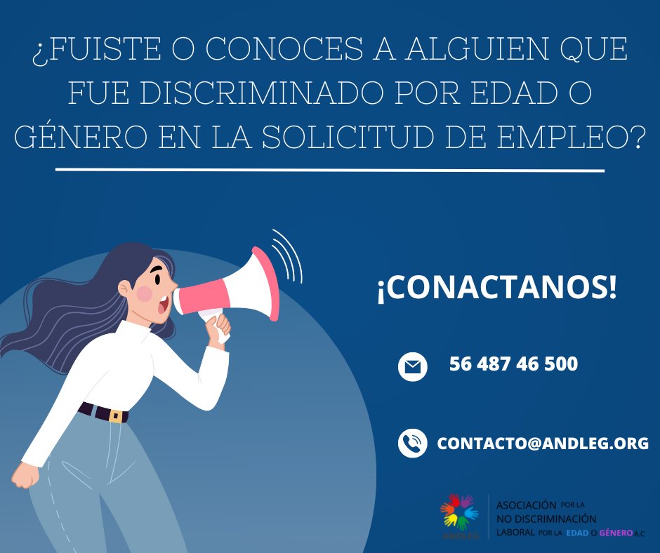 ANDLEG1's tweet photo. Miles de personas sufren discriminación por edad o género al buscar empleo si tu eres una de ellas o conoces a alguien contáctanos.
¡Denúncialo con nosotros! #ANDLEGPorTi https://t.co/03NL2CrW0k