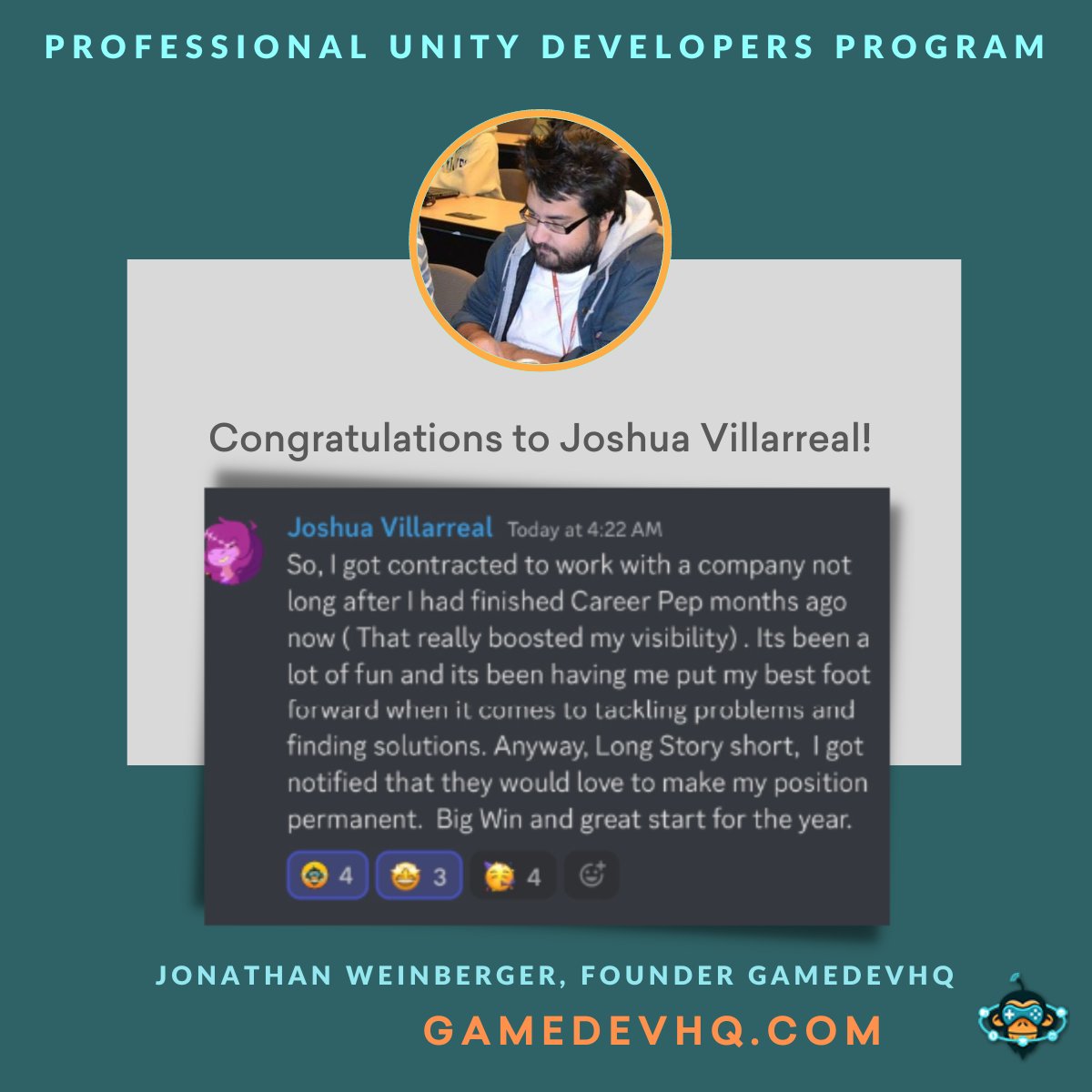 GameDevHQ's tweet image. Way to go Joshua Villareal! Big win for one of our students... Congratulations!
#gamingindustry #unitydeveloper #gamedev