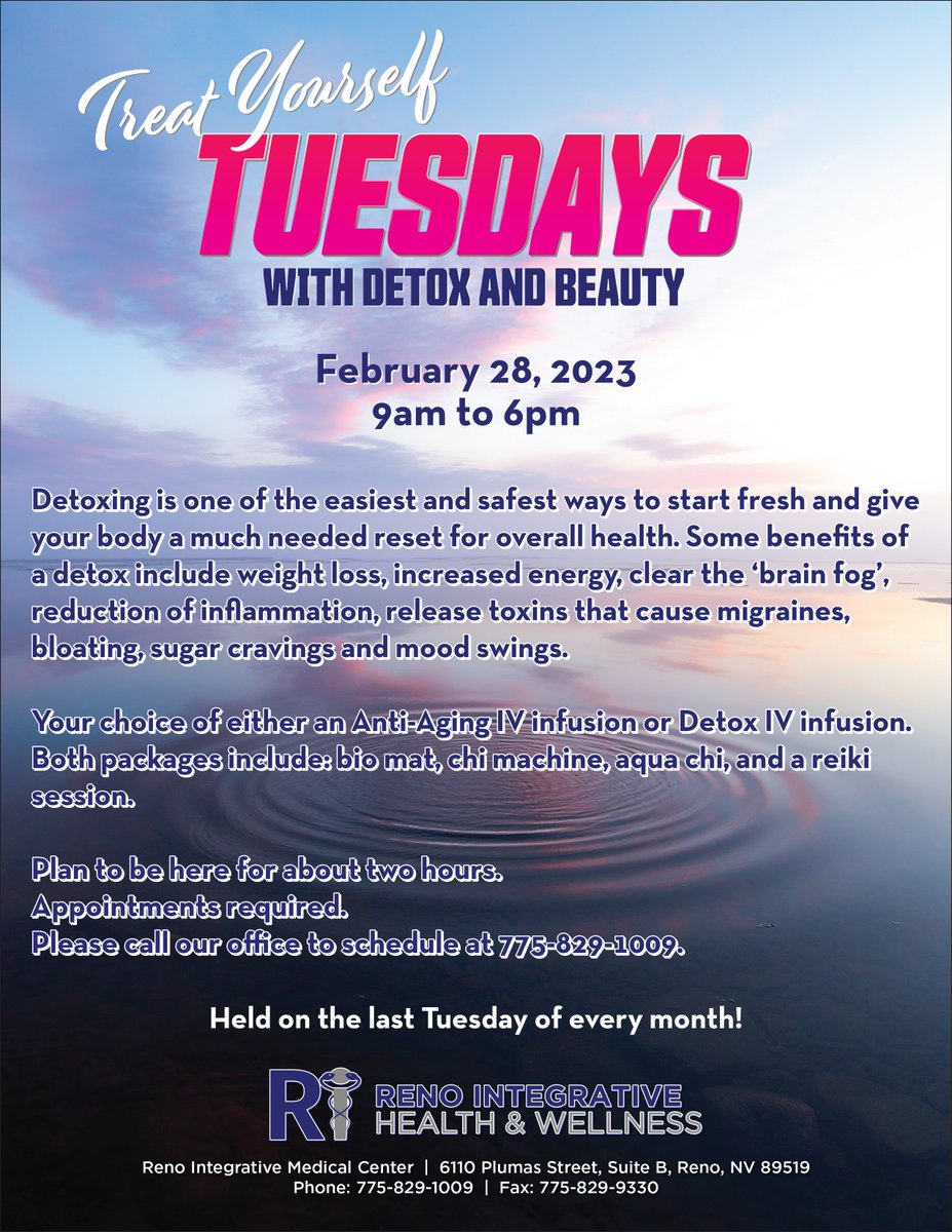 RenoIntegrative's tweet photo. Treat Yourself Tuesdays! TOMORROW. Don't Miss It!😮
#renointegrativehealthandwellness #renointegrative #medicalcenter #alternativemedicine #treatyourselftuesdays #detox #weightloss #increasedenergy #moodswings #sugarcravings #inflamationreduction #toxins #migraines https://t.co/oNM9j912G6