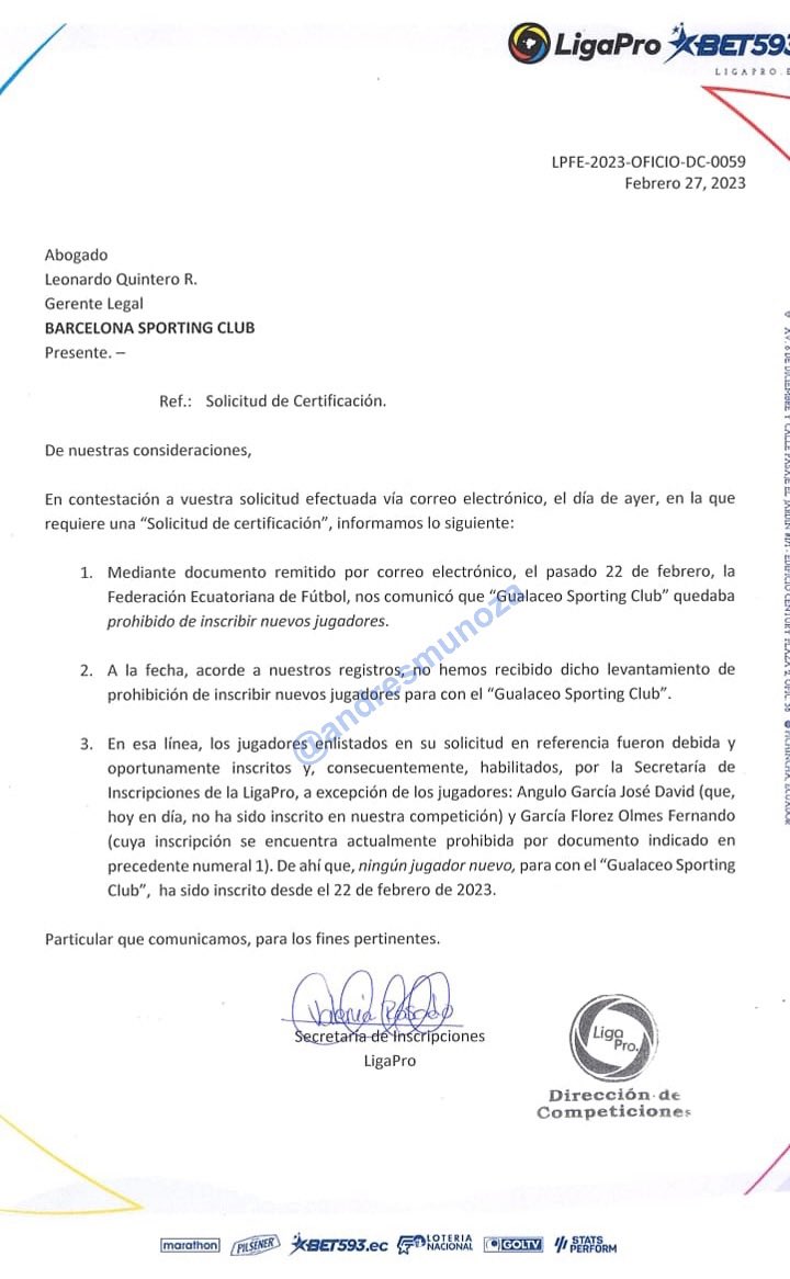 Liga Pro certificó a #BarcelonaSC que “los jugadores (de #GualaceoSC) enlistados en su solicitud (planilla de juego del sábado) fueron oportunamente inscritos y habilitados… a excepción de Angulo y García…”. Estos últimos no jugaron el partido, por ende no hubo infracción.