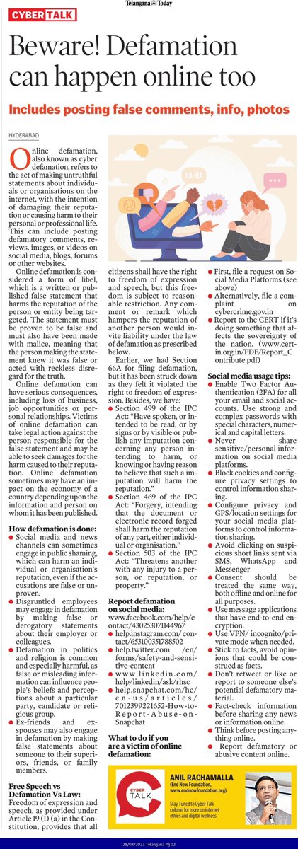 Online Defamation  ! @TelanganaToday

#safety #ethics #wellbeing  #cybercrime #onlinedefamation #cybersecurity #cyberbullying #trolling @nasscom @ccoe_hyd @DSCI_Connect
@TelanganaDGP @Cyberdost @APPOLICE10 @CyberSecurityN8 @TelanganaCOPs
@RKSC_Rachakonda @Telangana4C