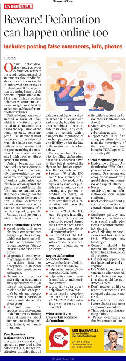 EndNowCyber's tweet photo. Online Defamation ! @TelanganaToday
#safety #ethics #wellbeing #cybercrime #onlinedefamation #cybersecurity #cyberbullying #trolling @nasscom @ccoe_hyd @DSCI_Connect
@TelanganaDGP @Cyberdost @APPOLICE10 @CyberSecurityN8 @TelanganaCOPs
@RKSC_Rachakonda @Telangana4C https://t.co/LkkdZLNgeg