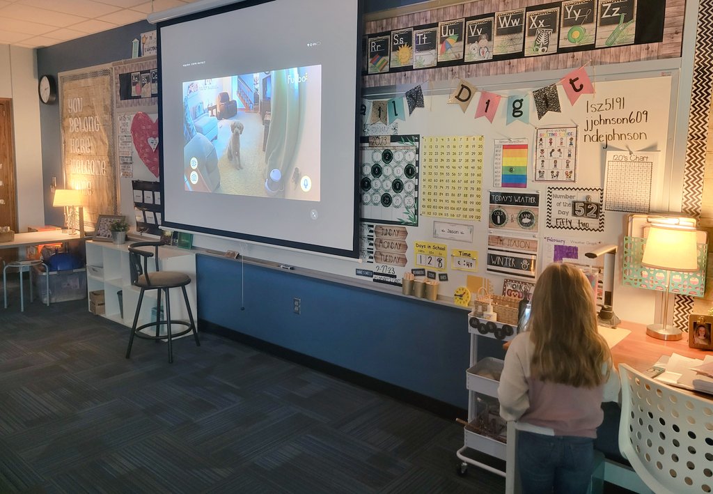 ndejohnson's tweet photo. Our newest reward choice for good behavior in class is the cutest thing! Talking to and throwing Stuart treats on the @FurboDogCamera app at school! Game changer for firsties...and Stuey is loving life!❤️🐶🐾 @ndeschargers #1dccs https://t.co/6uBl0GHysZ