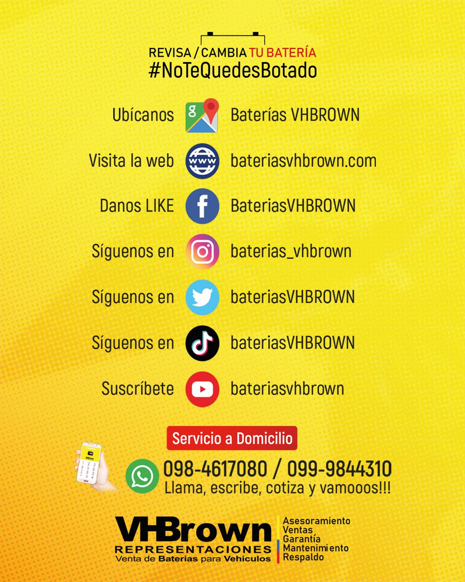 BateriasVHBROWN's tweet photo. Aquí estamos #redessociales 

Si necesitas #Batería piensa en #VHBROWN 

#Guayaquil #Samborondón #ViaALaCosta https://t.co/LGIhhCkiNg