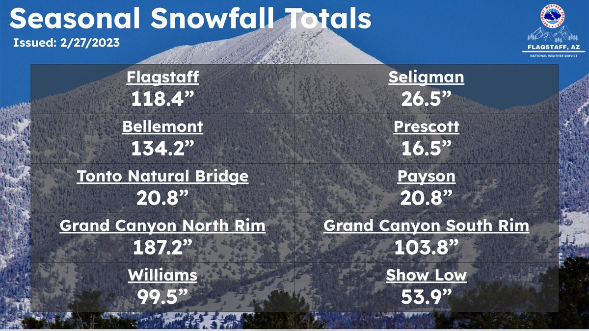 NWSFlagstaff's tweet photo. Here's a quick peak at seasonal snowfall summaries for some of our climate sites. You probably already know it, but that's a whole lotta snow right there. #azwx https://t.co/hruPl9ZWfy
