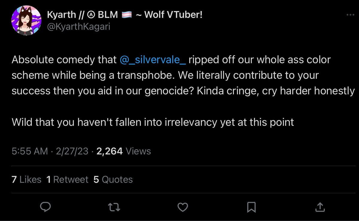 silverwhiners's tweet photo. "OMG, guys! Silvervale uses pink and blue in her avatar! Clearly she's appropriating the colors of the trans flag!" https://t.co/QY3endsVq6