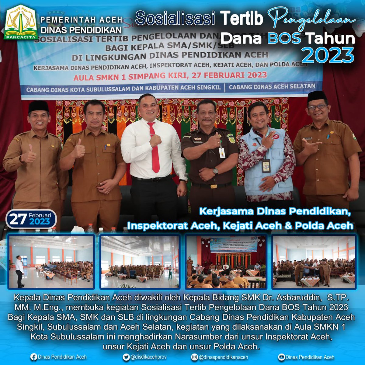 disdikacehprov's tweet photo. Sosialisasi Tertib Pengelolaan Dana BOS tahun 2023 yang diikuti Kepala SMA, SMK dan SLB di lingkup Cabang Dinas Pendidikan Wilayah Kab. Aceh Singkil, Kota Subulussalam dan Kab. Aceh Selatan.
#pemerintahaceh
#humasaceh
#disdikaceh
#cabangdinaspendidikan
#danabos https://t.co/xUwcHWe2Wx