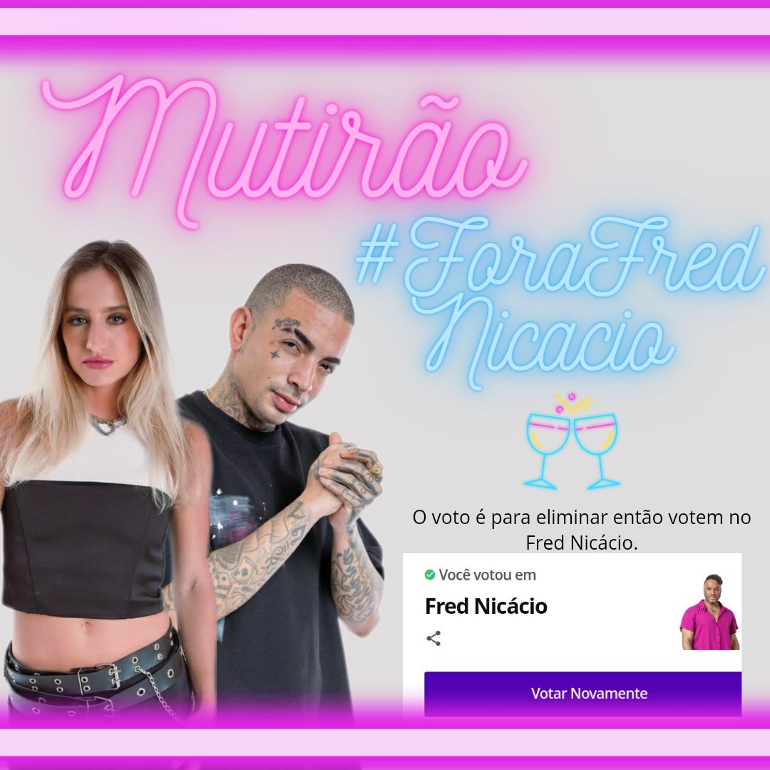 dieguita35's tweet photo. MUTIRÃO #ForaFredNicacio

A CADA 10 VOTOS QUE VOCÊ DER, COMENTE UM EMOJI! 

META: 1k de reply’s

❌ O voto é para ELIMINAR, portanto votem em FRED NICACIO!

⏰ Encerra às 01h30

📲: https://t.co/v5SF3IiB2q

#BBB23  #ForaFred https://t.co/oYQMt89L7U