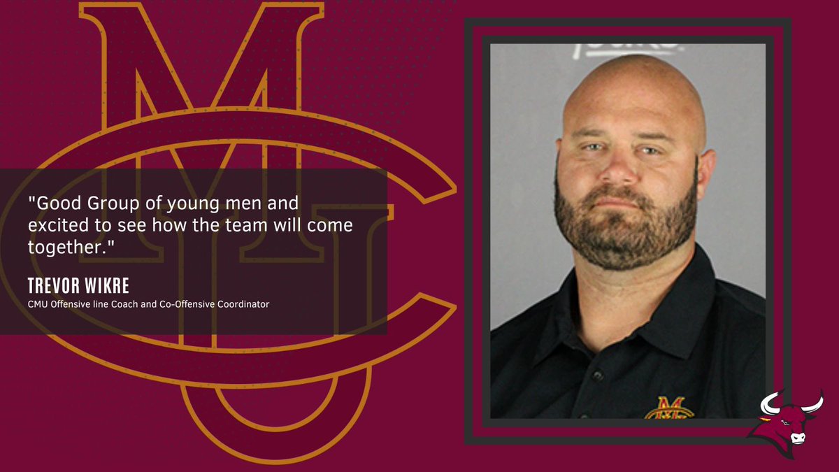 CMUMavsFootball's tweet photo. Meet coach Monday ‼️
Todays coach is @Coach_Wikre 
Oline and Co-offensive coordinator.
Coach Wikre is back at his alma mater, coaching with all 9 fingers. Fun fact, he cut one off his senior year to keep playing with his brothers 😮 🐃
#GoMavs #Mavup https://t.co/9uiwPky8NQ