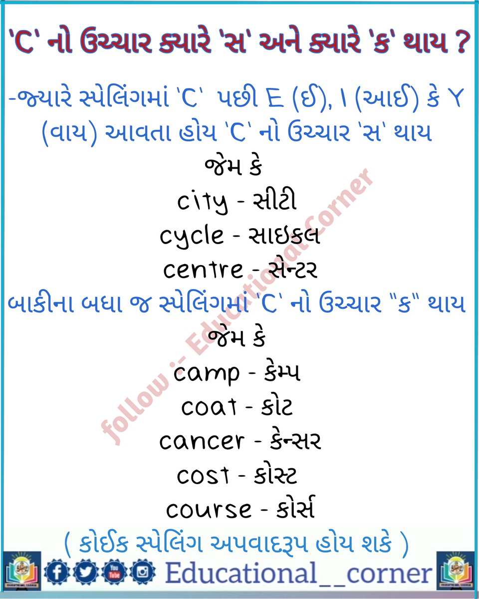 educational_cor's tweet photo. 'C' નો ઉચ્ચાર ક્યારે 'સ' અને ક્યારે 'ક' થાય ?

#gujarati #gujju #gujarat #rajkot #ahmedabad #surat #instagram #gujjurocks #india #love #vadodara #gujjugram #bhavnagar #gujjumemes #junagadh #baroda #jamnagar #amdavadi #mumbai #gandhinagar #gujrati #kathiyawadi #pakkogujarati #guj https://t.co/5TDkgJsYqF