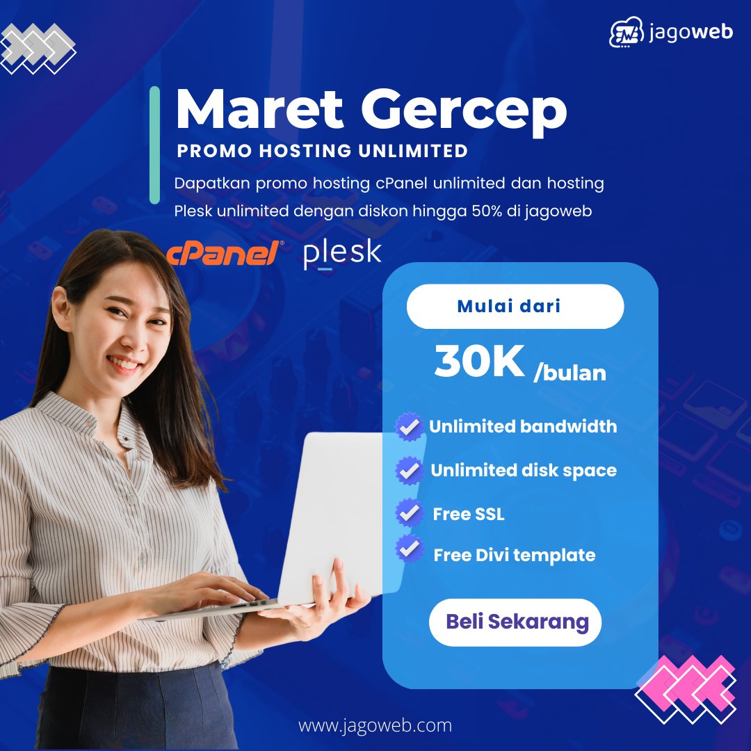 jagowebcom's tweet photo. Promo hosting unlimited Jagoweb hadir lagi 🤩

Dengan Promo Hosting Unlimited Maret Gercep, kamu bisa mendapatkan hosting unlimited cPanel dan Plesk dengan diskon 50% mulai dari 30K/bulan.

Selengkapnya di: https://t.co/V3UETjAdto jangan sampai ketinggalan! https://t.co/JtzLS6dCF3