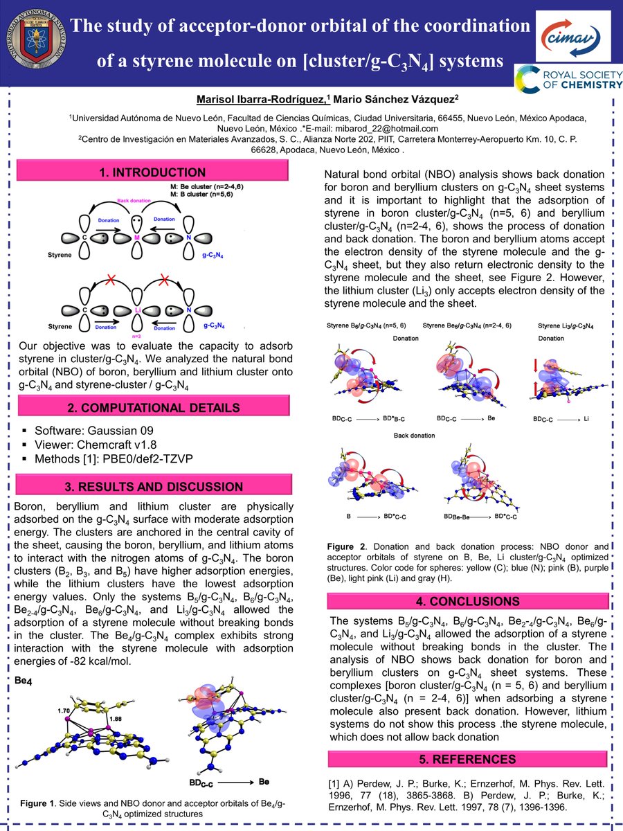 Hi 2023 #RSCPoster Twitter Conference, this is my work “The study of acceptor-donor orbital of the coordination of a styrene molecule on [cluster/g-C3N4] systems”, Materials #RSCMat, <a href="/Compchemcimav/">Computational Chemistry Group</a>
