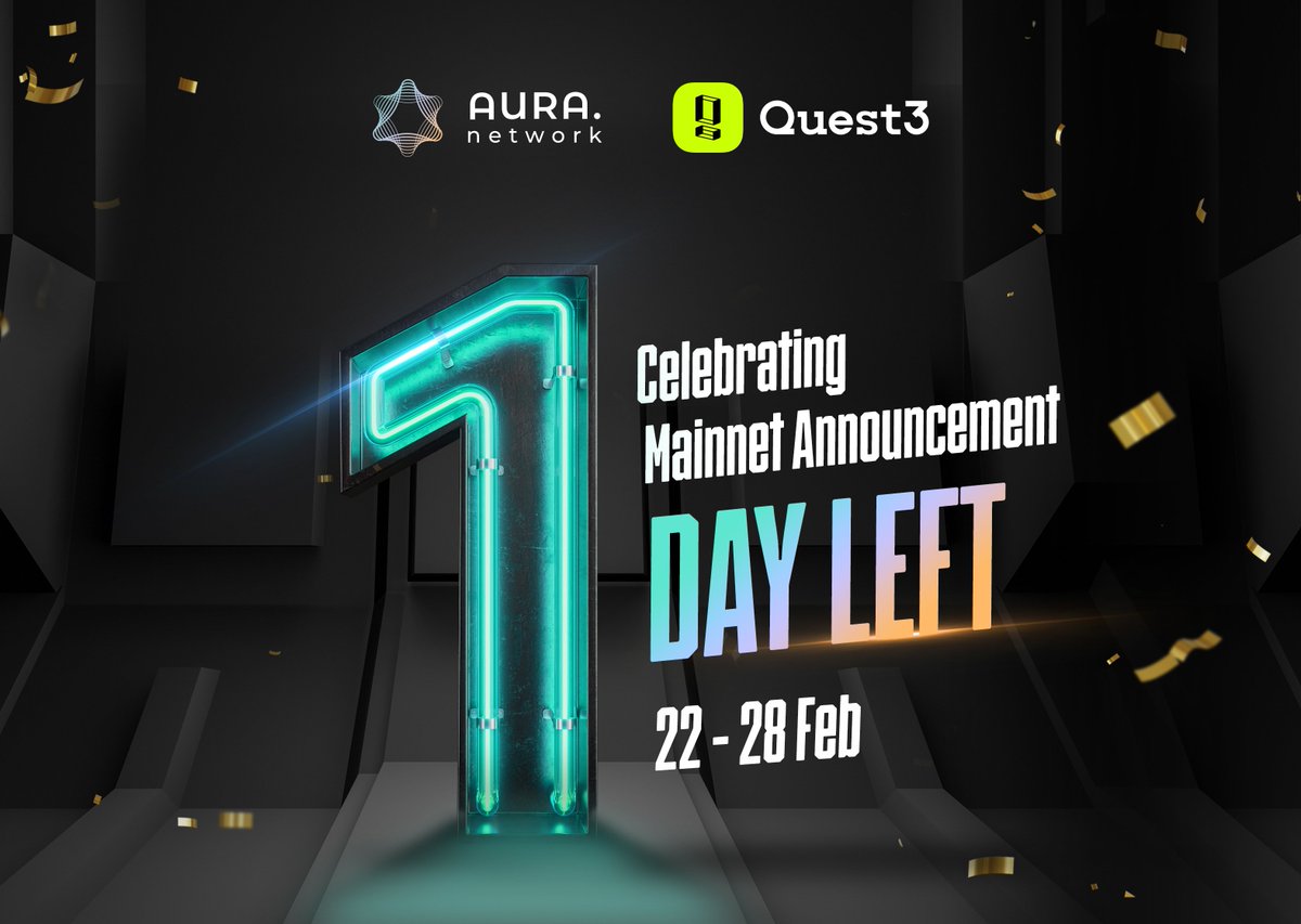 AuraNetworkJP's tweet image. \\ イベント最終日 //

全てのタスクをクリアして2️⃣,0️⃣0️⃣0️⃣ $USDT をGETしよう✨

メインネット（ #Mainnet2022 ）のローンチまであと少し☺
お楽しみに！！

🎲 app.quest3.xyz/quest/74259199…

#AuraNetwork #Giveaway #quest3