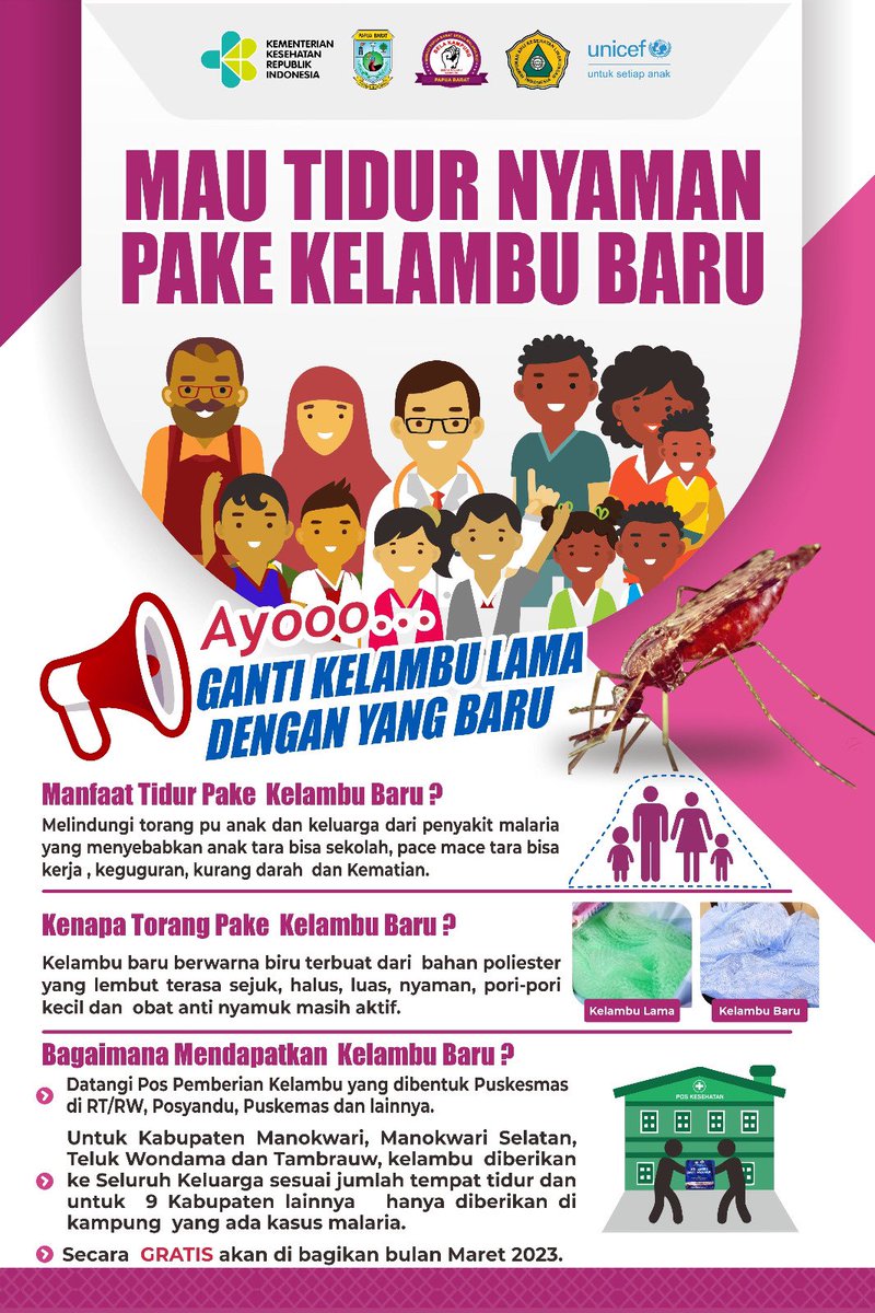 SiNopal06's tweet photo. Dinas Kesehatan Provinsi Papua Barat melalui Kabupaten dan Puskesmas akan serentak membagikan *Kelambu Baru Anti Nyamuk Malaria* 
*Kenapa harus pake Kelambu Baru?*
• Bahan Poliester
• Lembut Terasa Sejuk
• Halus
• Luas
• Nyaman
• Pori Kecil
• Obat Anti Nyamuk Masih Aktif https://t.co/ubi3KAp9Wh