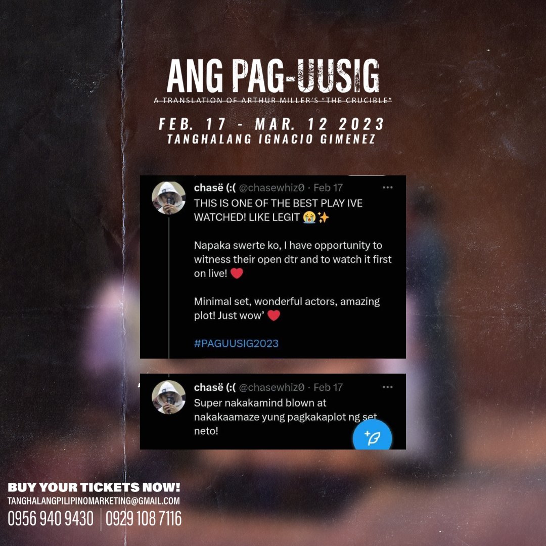 tanghalangPH's tweet photo. More and more netizens are flexing their thrilling hype and support for ANG PAG-UUSIG across social media! 🤩

#PAGUUSIG2023
#AngPagUusig
#TanghalangPilipino
#TP36
#MulingPaghatol
#UtakPusoBayan
#CCPBlackBoxTheater
#PaguusigReactions https://t.co/Fi55PECDpp