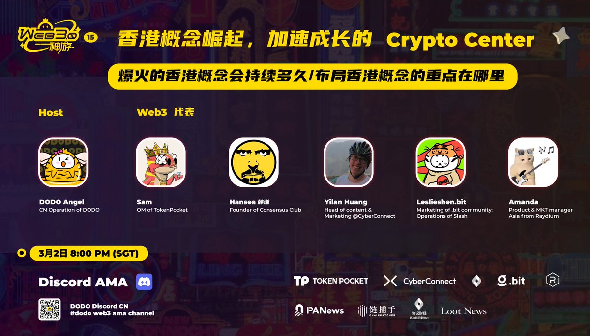 DODOCN's tweet photo. 🐣 DODO 神游 Web3丨香港概念崛起

🙌本期 AMA 邀请到 @CyberConnectHQ @TokenPocket_TP 
@RaydiumProtocol @dotbitHQ @Hanseaoffical 一起畅聊香港概念
 
🎁 #GIVEAWAY 
💰 完成任务(👉https://t.co/0OE5OchXZA)赢 DODO HK #NFT 
💰 RT 随机抽100个“**.dodo.bit”子域名

#DODOinWeb3Wonderland #Web3 https://t.co/wO5LjK3O9J