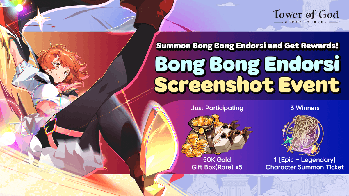 TowerofGod_EN's tweet photo. [Event] Bong Bong Endorsi Screenshot Event
Summon a new character and get a reward!
⏲Period: Feb. 20th - Mar. 5th, 2023 (UTC-8)
📌Event Details: https://t.co/Fpe5csmnNc https://t.co/KZ2KiMb1Oy