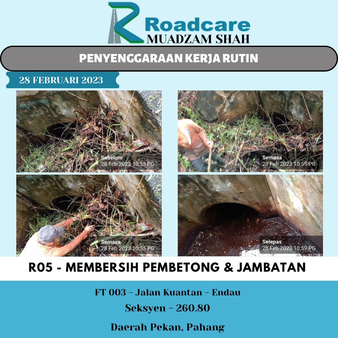 👷🏻‍♂️ #TeamRoadcareMuadzam 🚧
Penyenggaraan Kerja Rutin
R05 - Membersih Pembetong &amp; Jambatan

28 Februari 2023
FT 003 - Jalan Kuantan - Endau
Seksyen - 260.80
Daerah Pekan, Pahang

<a href="/JKRMalaysia/">JKR Malaysia</a> 
<a href="/JKRPAHANG/">JKR PAHANG</a> 
<a href="/JKRPekan/">JKR PEKAN</a> 
<a href="/Roadcare_HQ/">ROADCARE (M) SDN BHD</a> 
<a href="/Roadcare_Phg/">ROADCARE PAHANG</a>