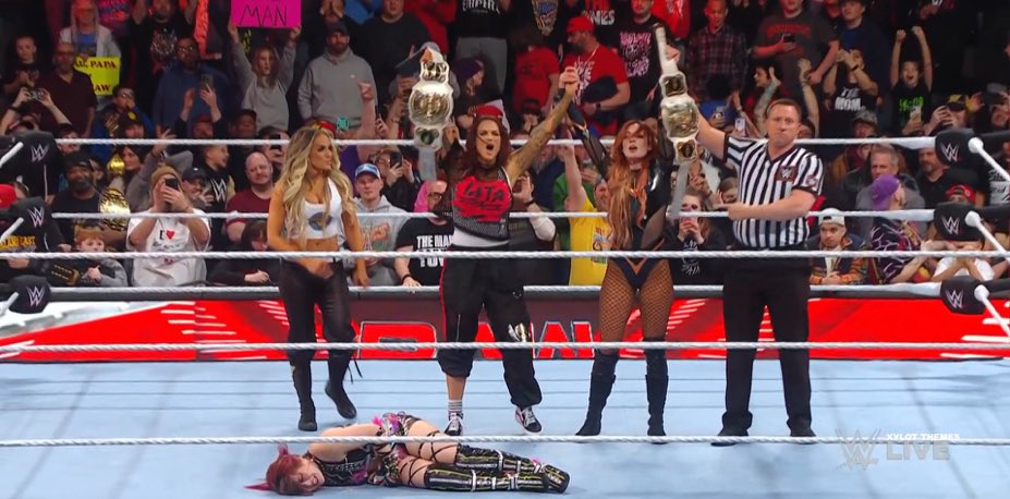 WrestleOps's tweet photo. Becky Lynch &amp; Lita have defeated Damage CTRL to become the new Women’s Tag-Team champions with Trish returning 🚨 

#WWERAW https://t.co/wSj3s7o7QD