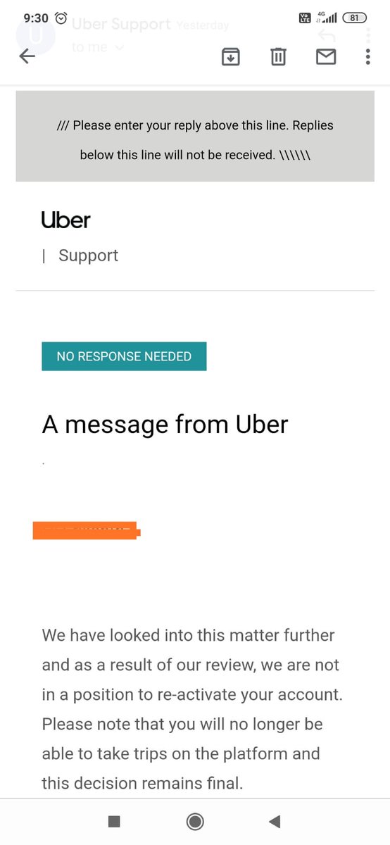 kbmotihar's tweet photo. @UberINSupport Uber's response when we raised a complaint against an abusive driver and shared proof of their behaviour. https://t.co/MqPoWkACbw